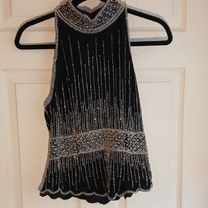 Papell Boutique Black Embellished Tank Top with Bib Collar